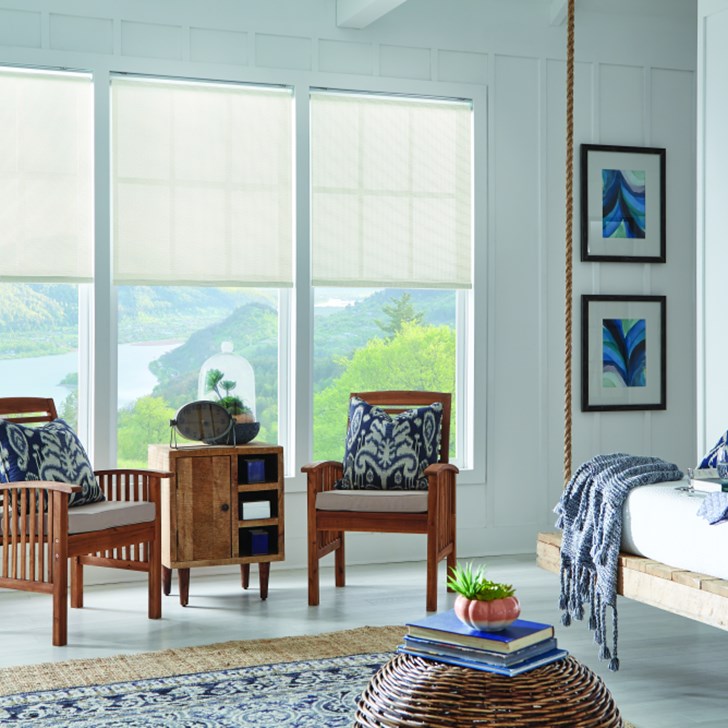 Solar Shade with Cordless Lift, Fabric-Wrapped Hem Bar, Reverse Roll: Santina, Picket Fence 10191