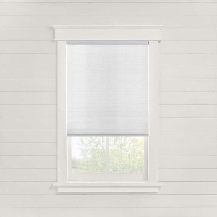Motorized Light Filtering Cellular Shades in the White Chiffon color and inside mount.