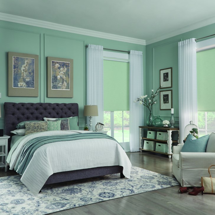 Roller Shade with Motorized Lift, Fabric-Wrapped Hem Bar: Kyoto, Spring Green 15906; Grommet Top Drapery: Toki, Sand Dollar 2781