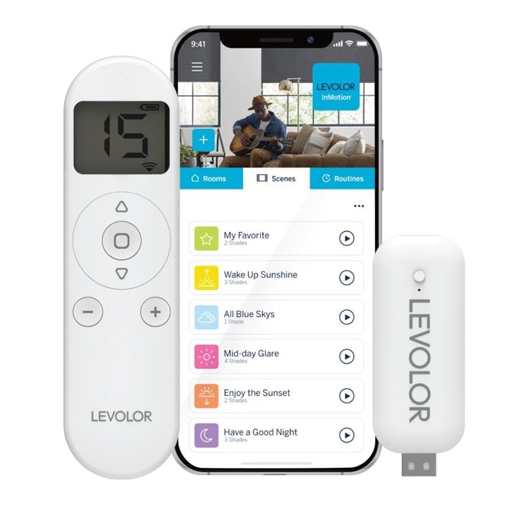 15-channel remote integrates with app or use on its own. Hub available for app access and Wi-Fi connectivity